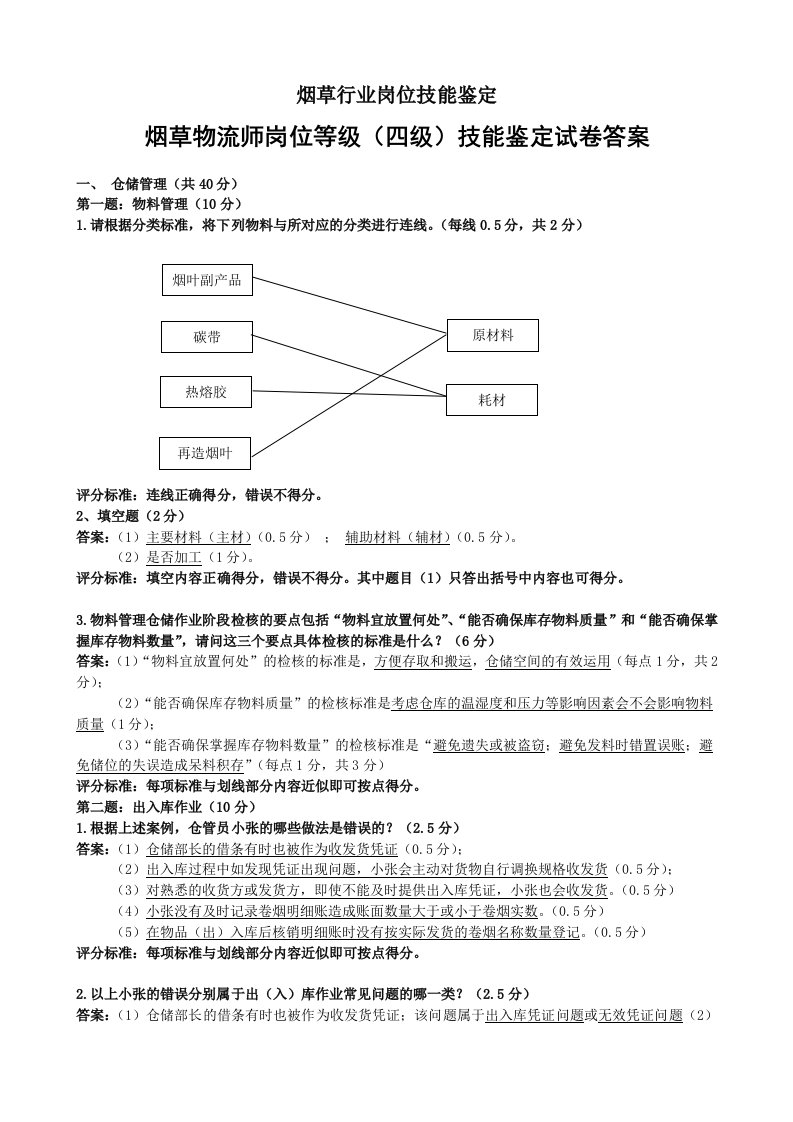 烟草物流师岗位等级(四级)技能-试卷答案