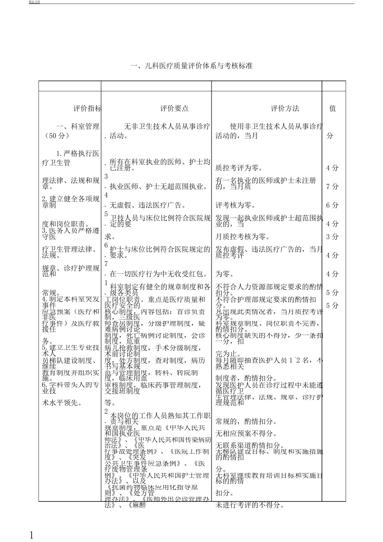 儿科医疗质量评价体系以及考核标准