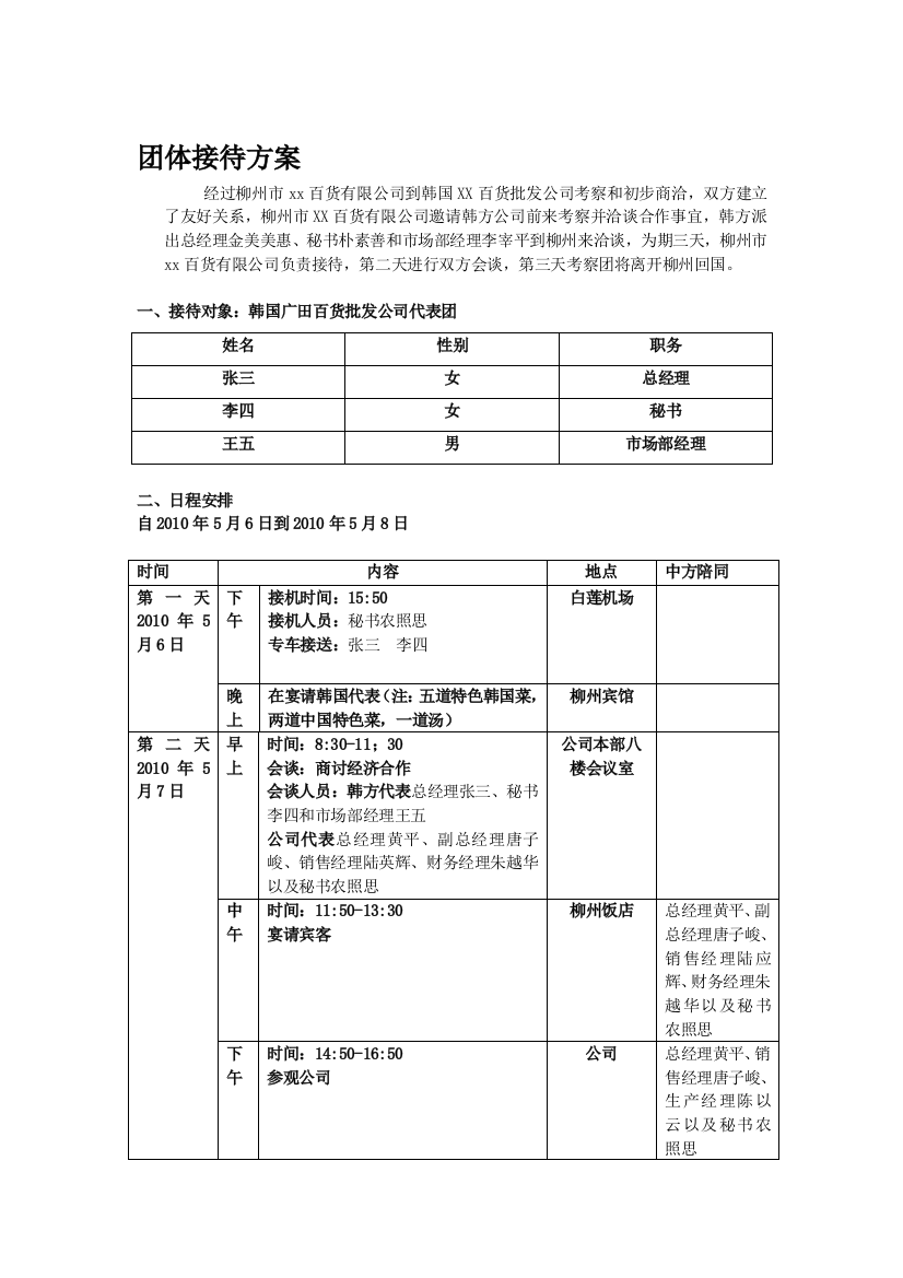 团体秘书接待计划