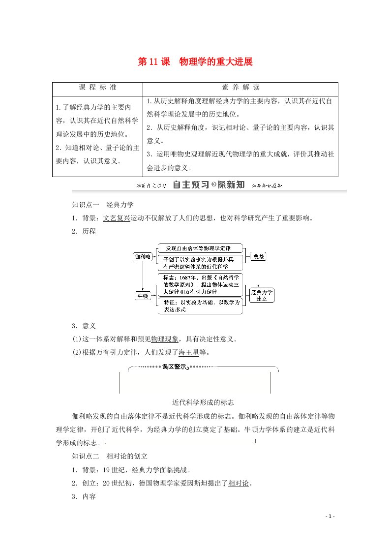 2020_2021学年高中历史第4单元近代以来世界的科学发展历程第11课物理学的重大进展教案新人教版必修3