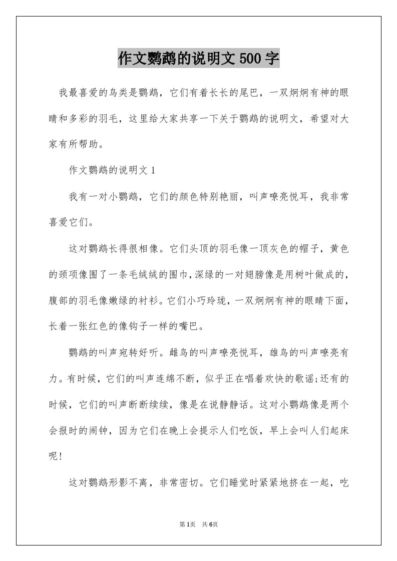 作文鹦鹉的说明文500字