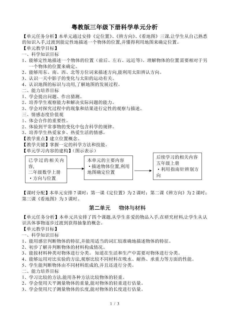 粤教版三年级下册科学单元分析精编