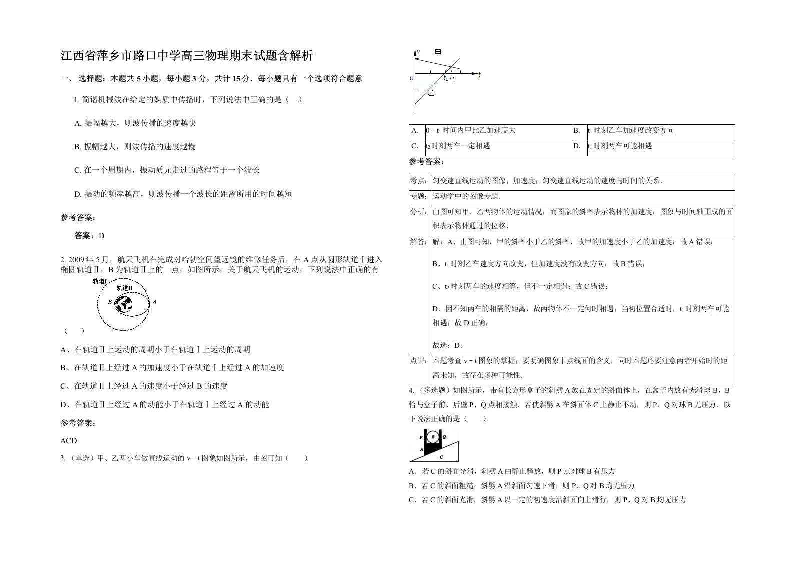 江西省萍乡市路口中学高三物理期末试题含解析