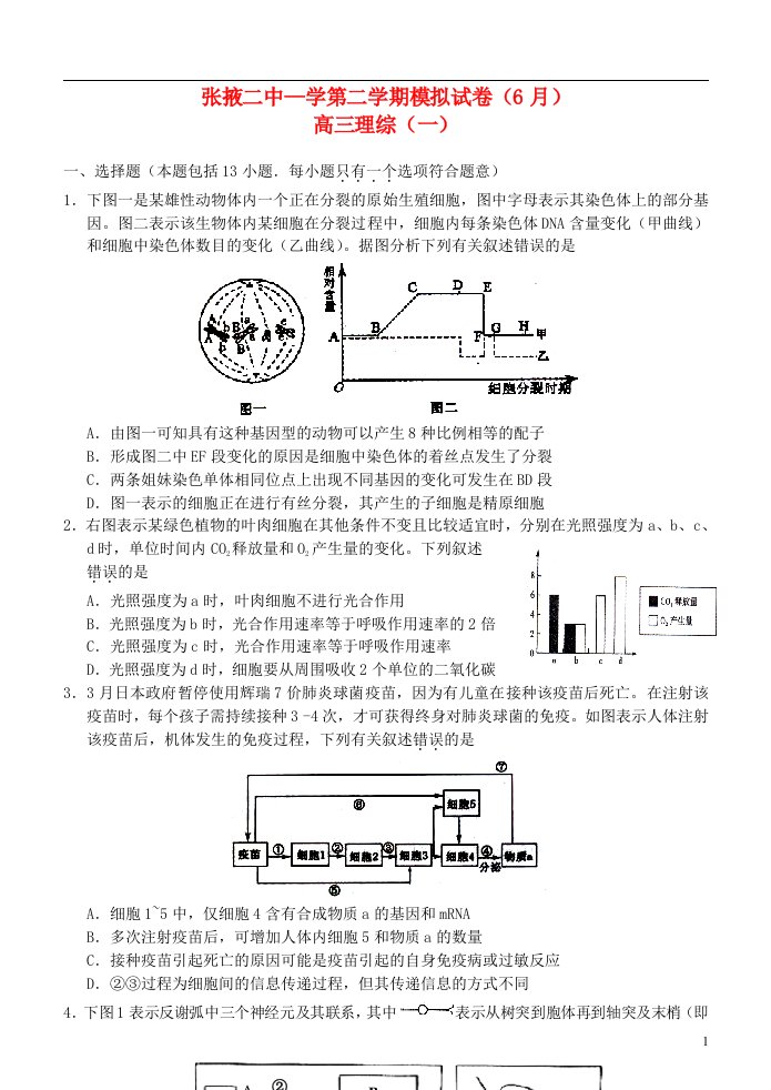 甘肃省张掖二中高三理综下学期6月模拟考试试题（1）