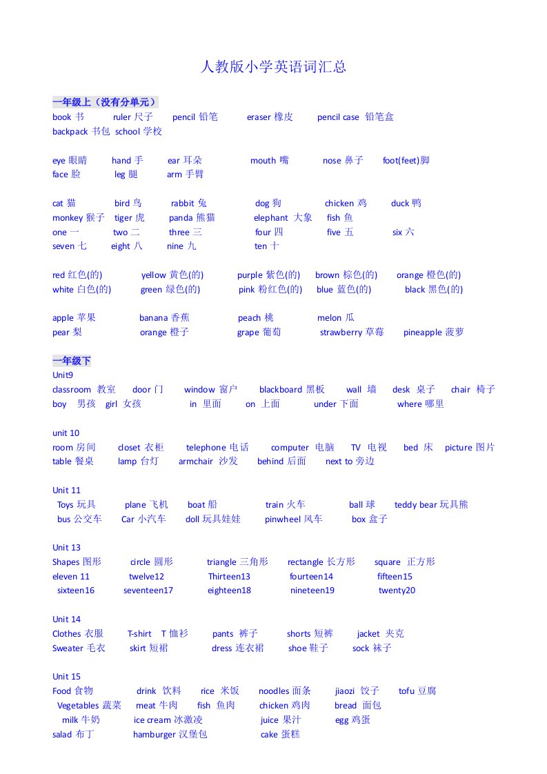 人教版小学英语(词汇)1-6年级