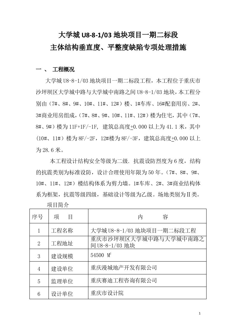 主体结构砼墙面垂直度、平整度修补专项处理方案