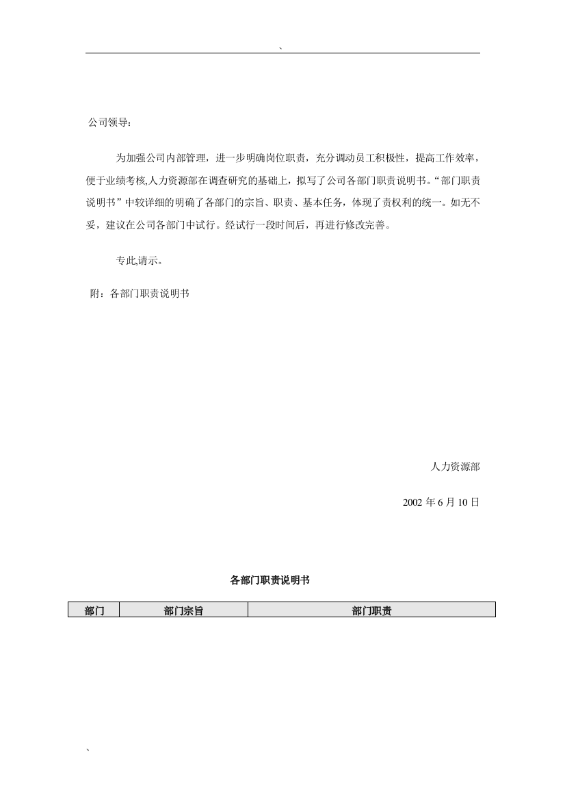 关于在公司内试行部门职责说明书的请示