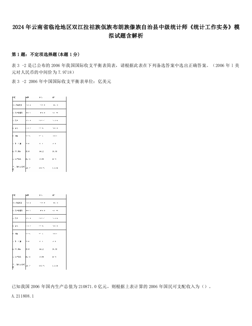 2024年云南省临沧地区双江拉祜族佤族布朗族傣族自治县中级统计师《统计工作实务》模拟试题含解析