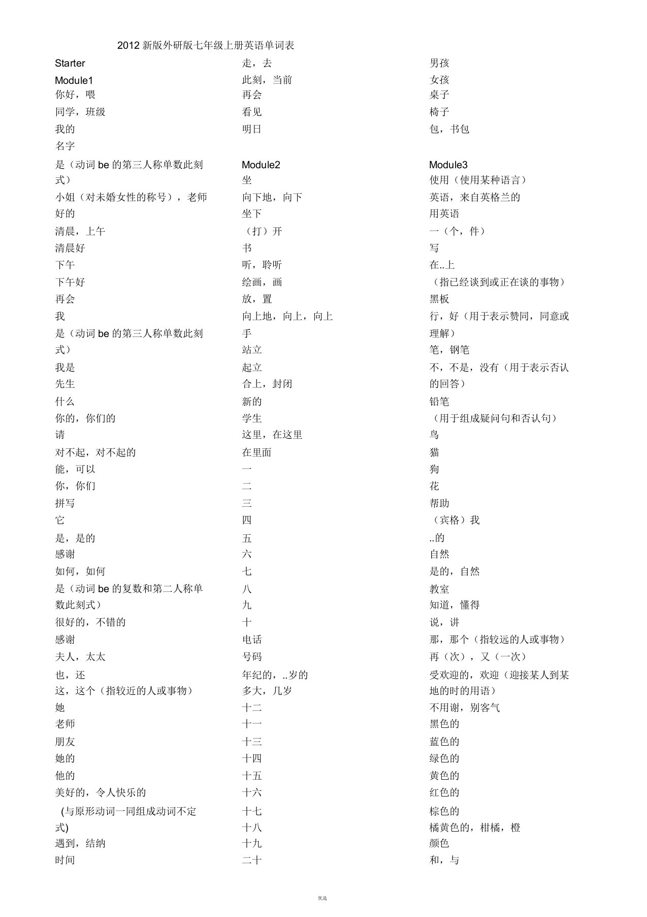 新版-外研版-七年级上册-英语单词表-仅中文