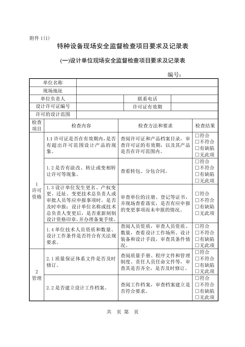 特种设备现场安全监督检查项目要求及记录表