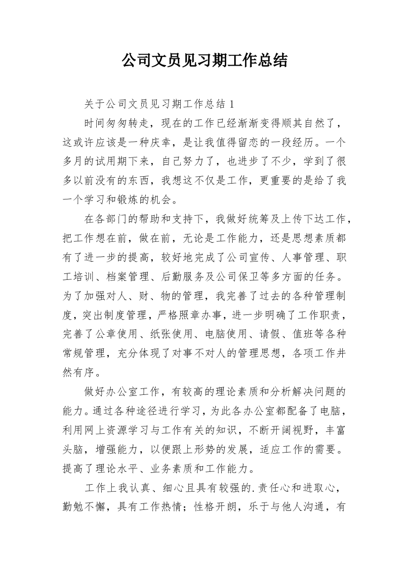 公司文员见习期工作总结