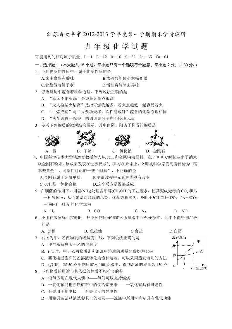 江苏省大丰市第四中学2013届九年级上学期期末考试化学试题