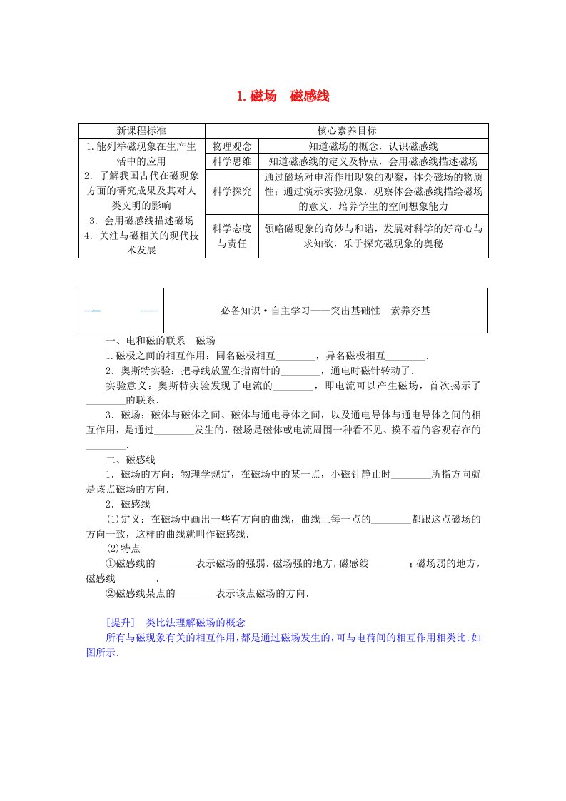 新教材2023版高中物理第十三章电磁感应与电磁波初步1.磁场磁感线学案新人教版必修第三册