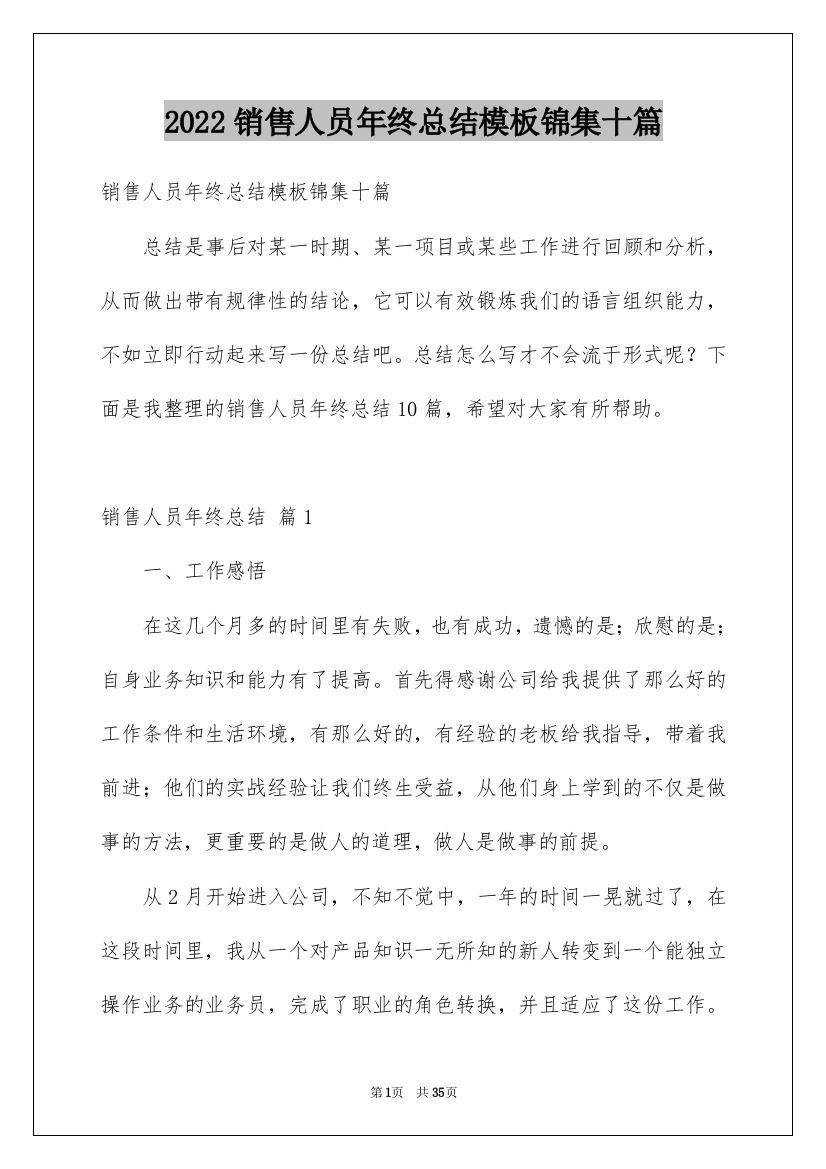 2022销售人员年终总结模板锦集十篇