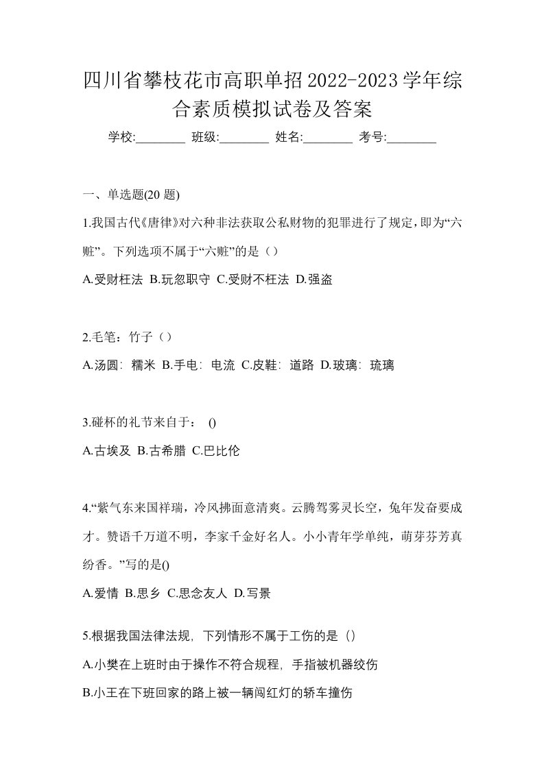 四川省攀枝花市高职单招2022-2023学年综合素质模拟试卷及答案