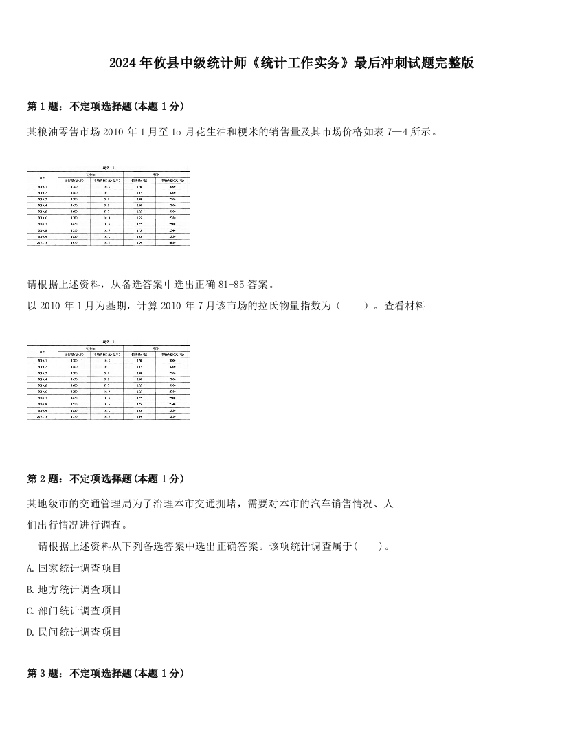 2024年攸县中级统计师《统计工作实务》最后冲刺试题完整版