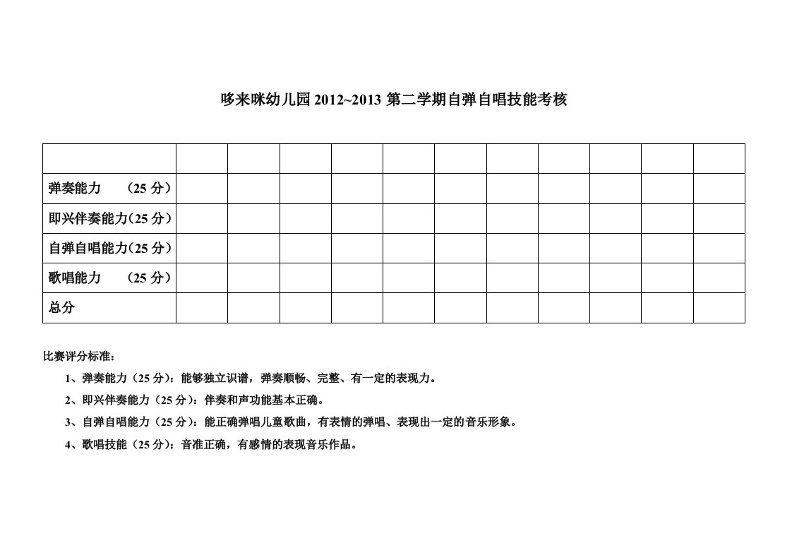 幼儿园自弹自唱技能考核表格