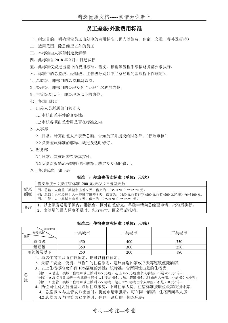 员工差旅及外勤费用标准(共3页)