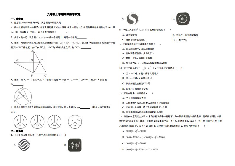 云南省红河哈尼族彝族自治州个旧市2022年九年级上学期期末数学试题含解析