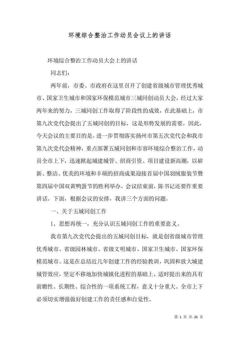 环境综合整治工作动员会议上的讲话