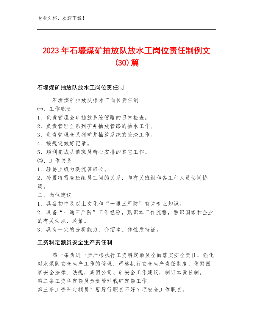 2023年石壕煤矿抽放队放水工岗位责任制例文(30)篇