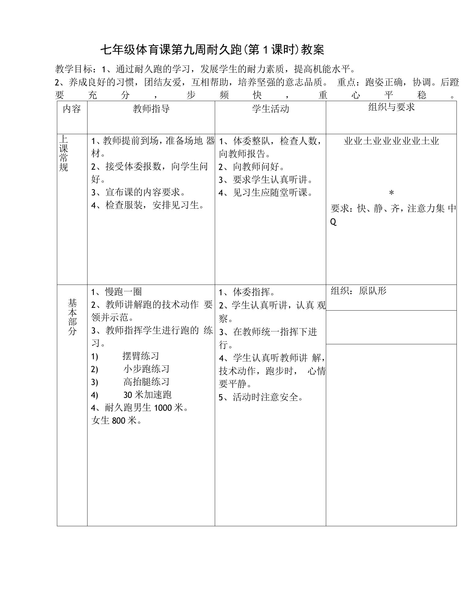 七年级体育课第九周耐久跑（第1课时）教案