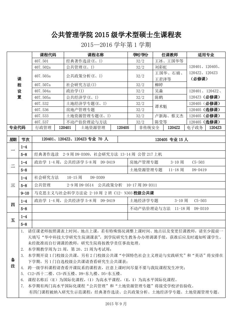 公共管理学院硕士研究生课程表-华中科技大学公共管理学院