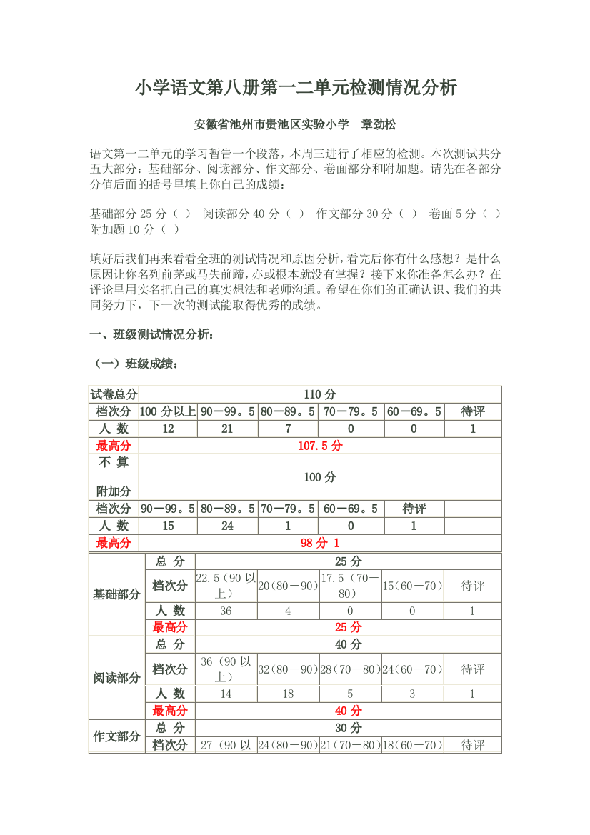 小学语文第八册第一二单元检测情况分析