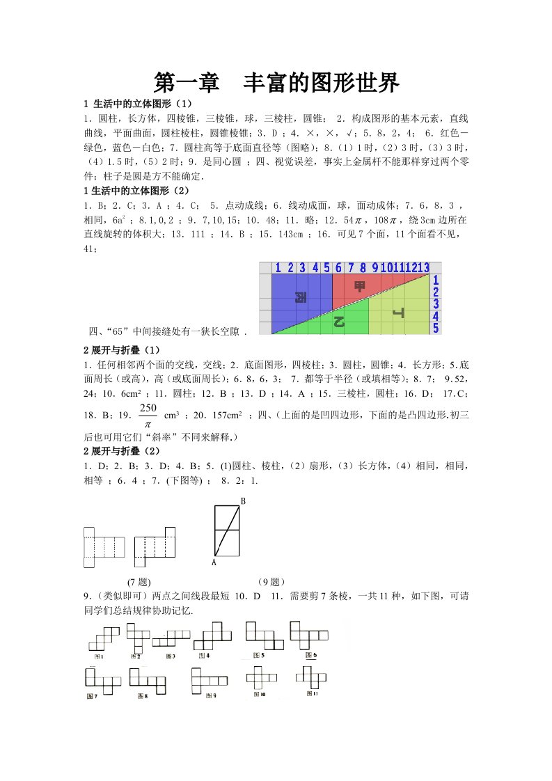 数学七年级上资源与评价答案