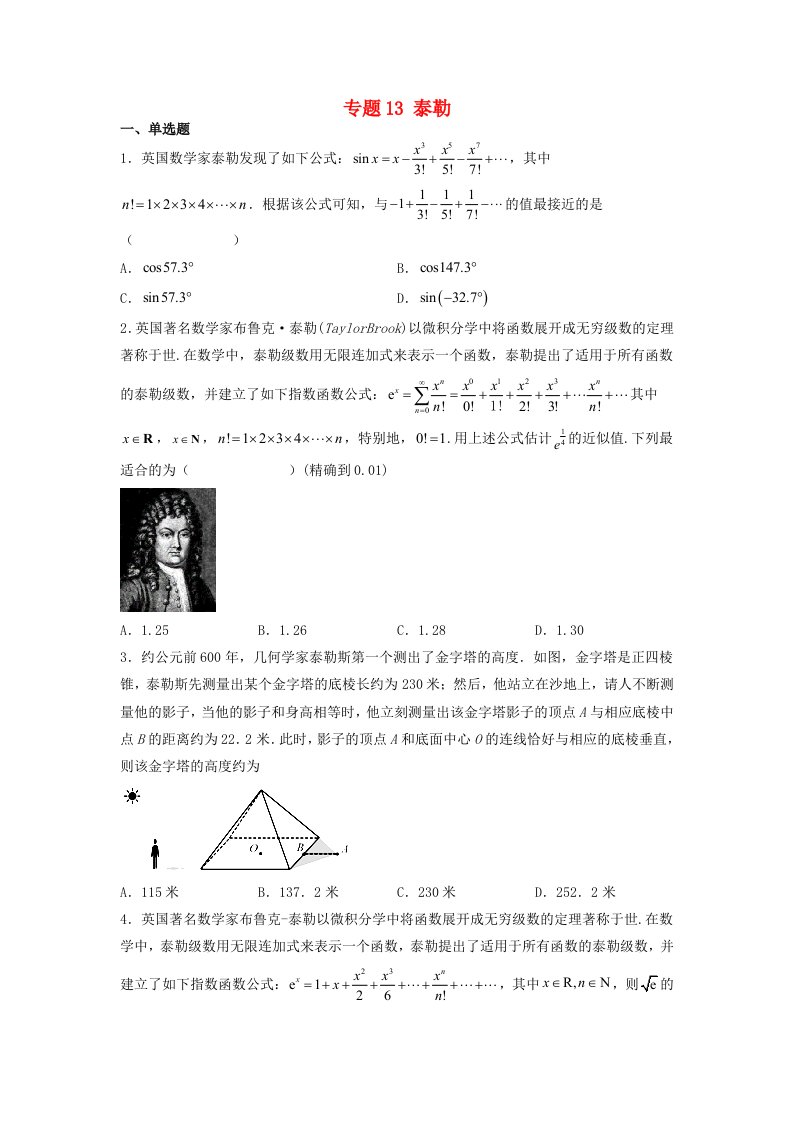 高中数学数学文化鉴赏与学习专题题组训练13泰勒学生版