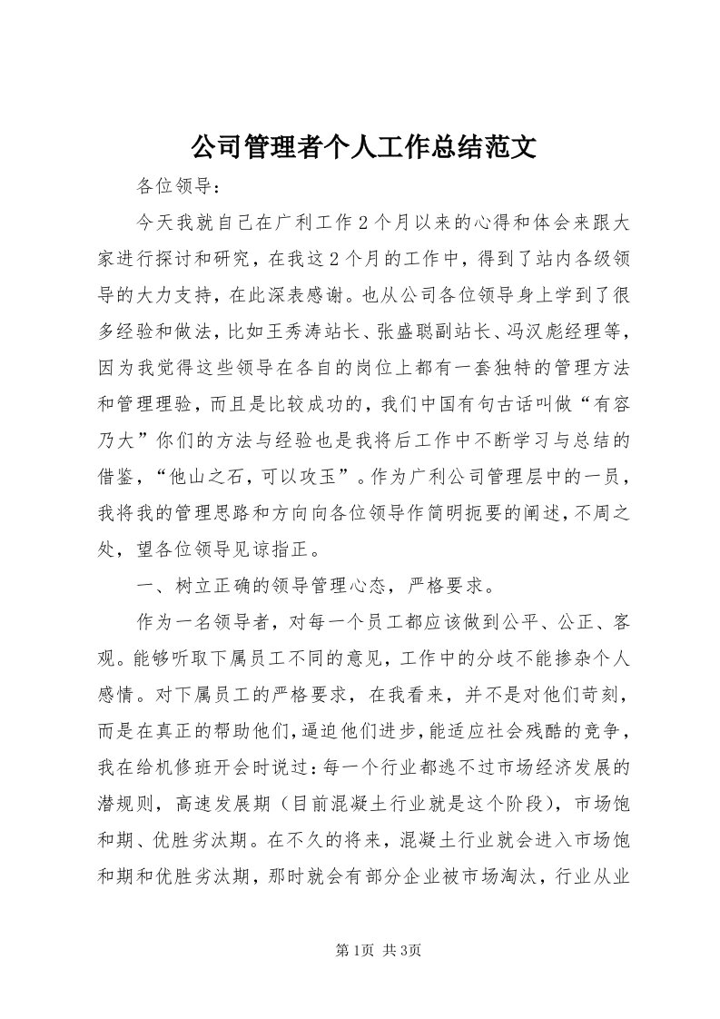 公司管理者个人工作总结范文