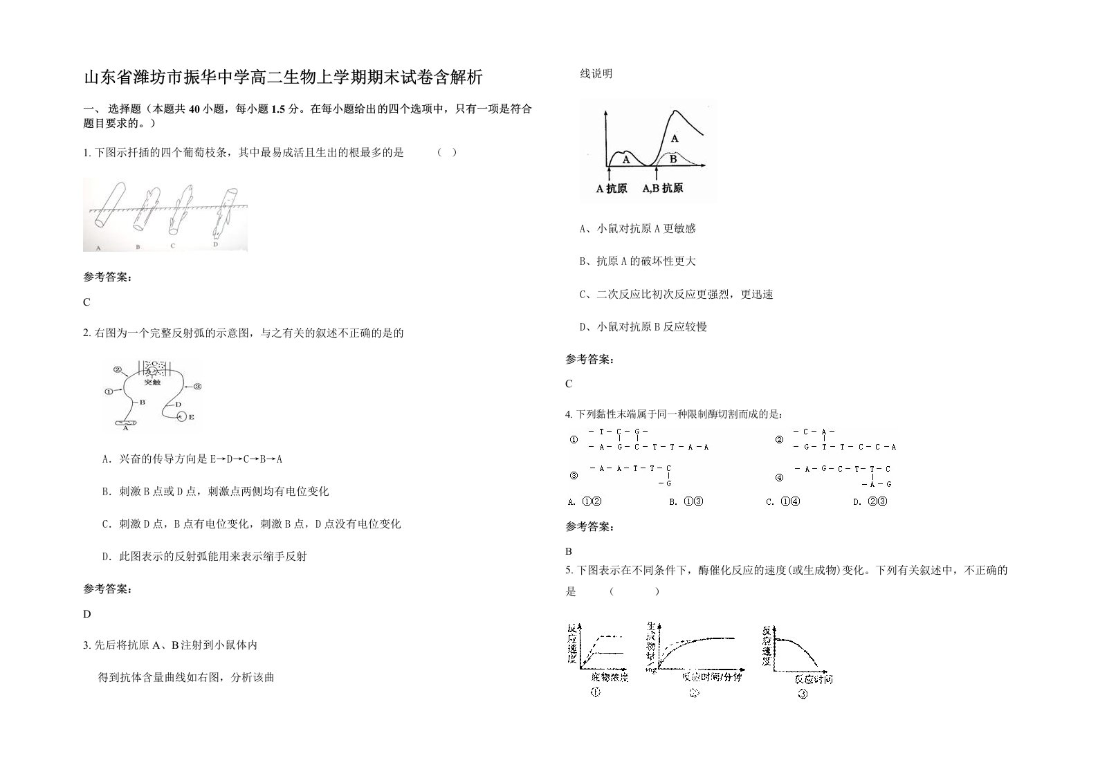 山东省潍坊市振华中学高二生物上学期期末试卷含解析