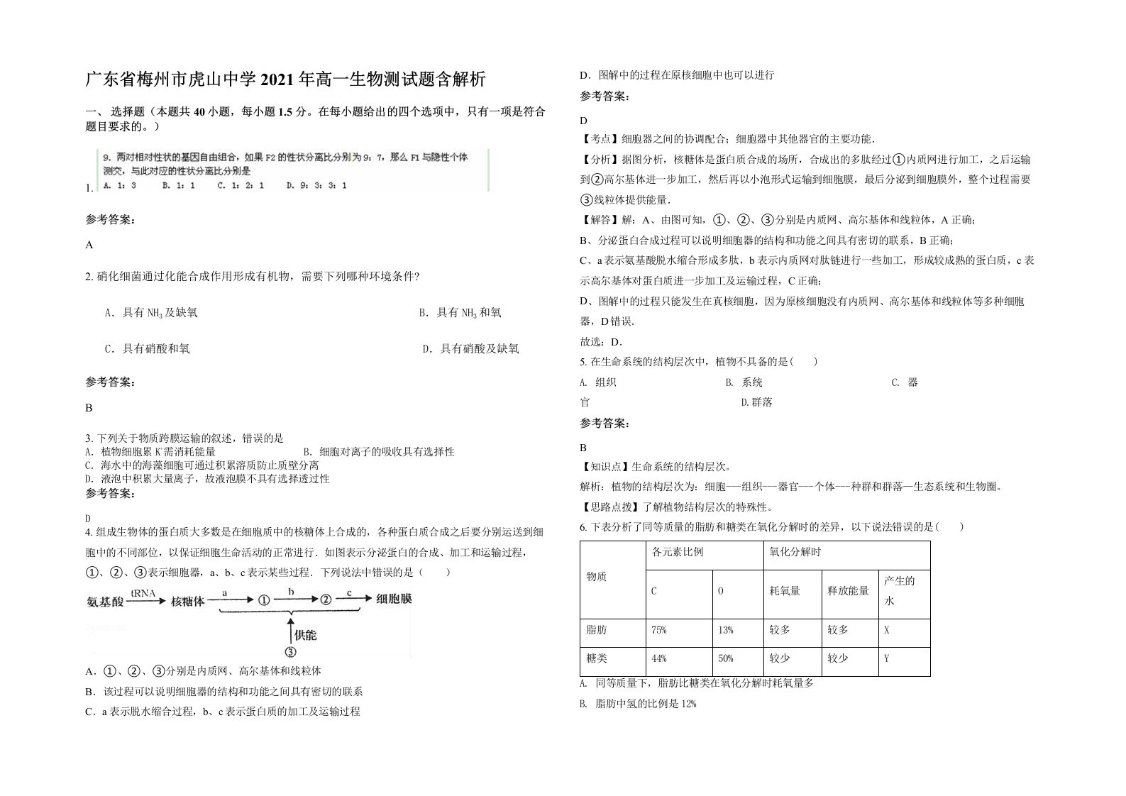 广东省梅州市虎山中学2021年高一生物测试题含解析