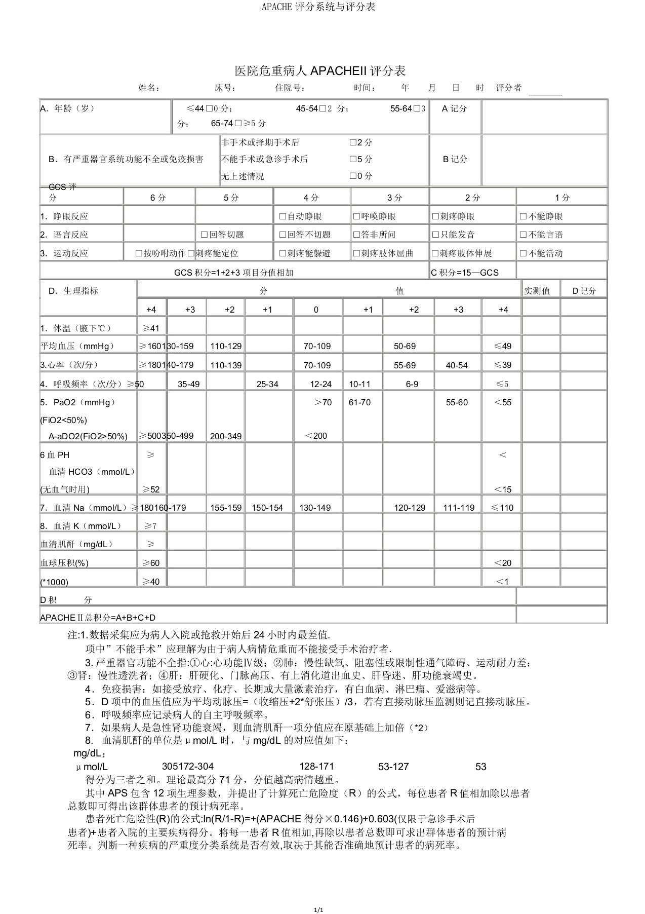 APACHE评分系统与评分表