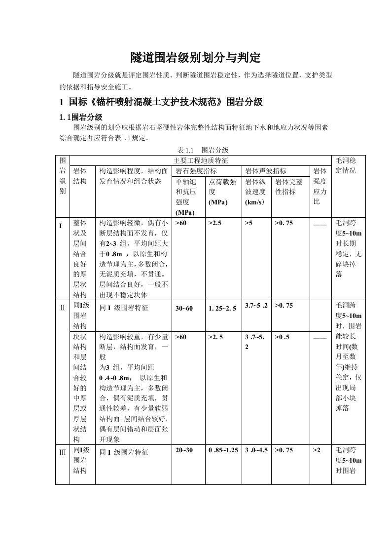 隧道围岩级别划分和判定