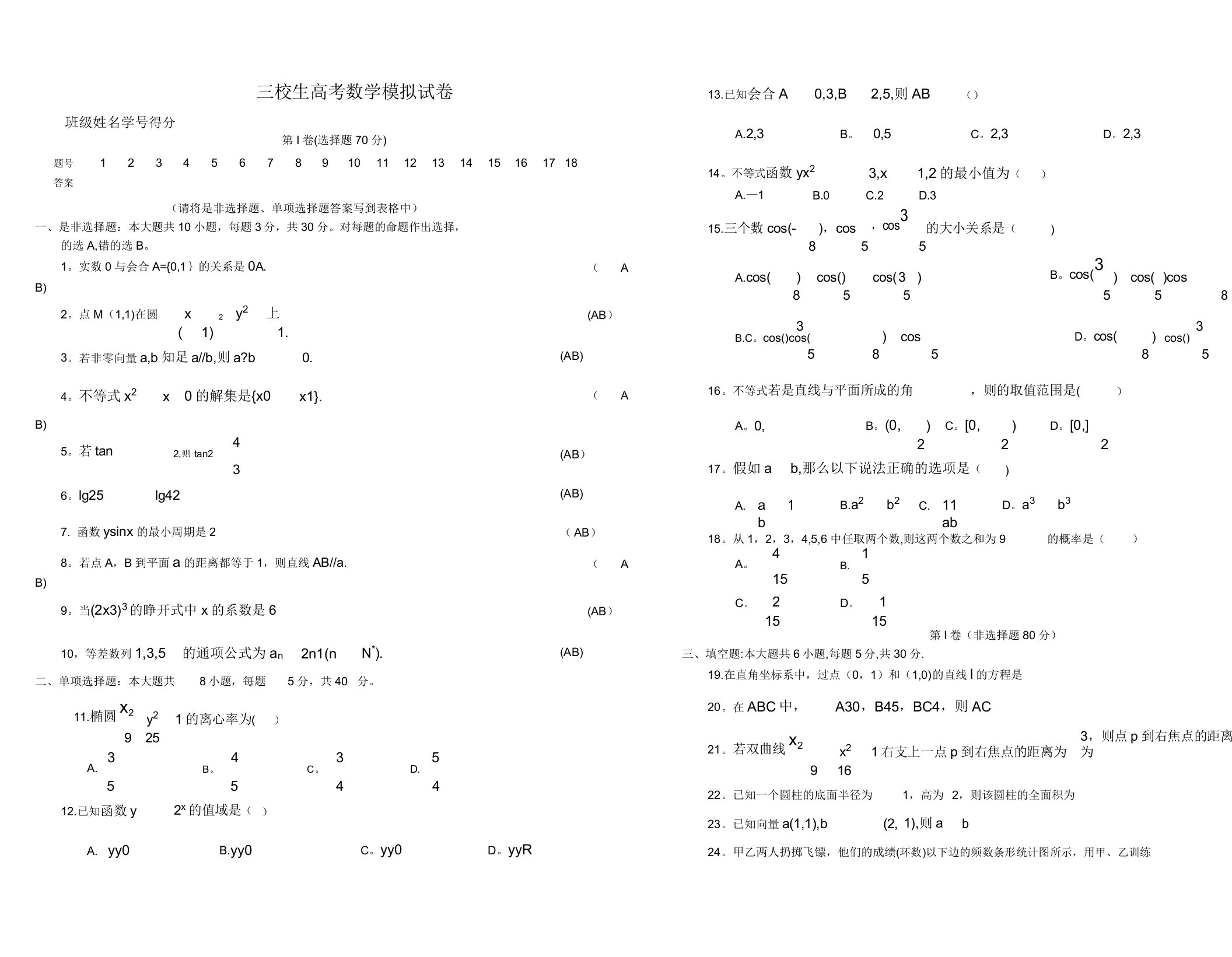 三校生高考数学模拟试卷【范本模板】