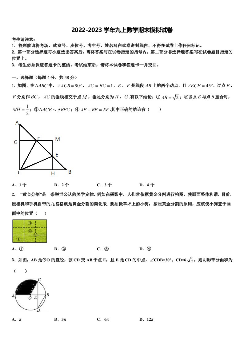 2023届山东省泰安市东平县数学九年级第一学期期末达标检测模拟试题含解析