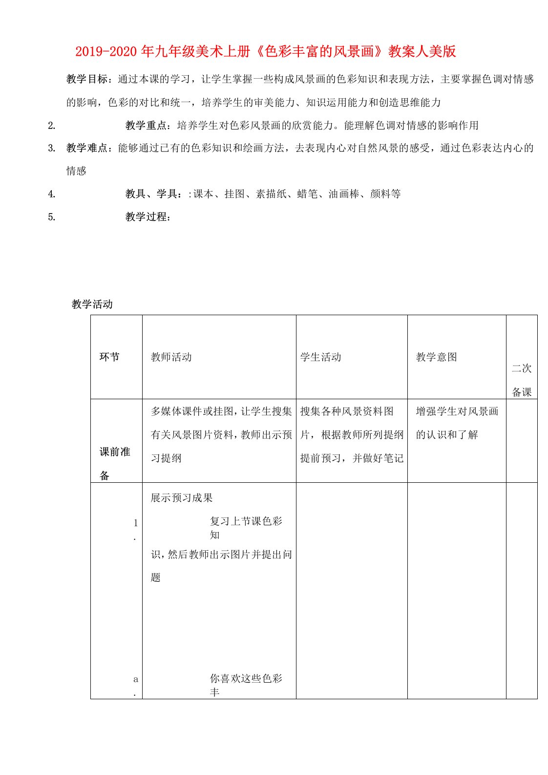 2019-2020年九年级美术上册《色彩丰富的风景画》教案