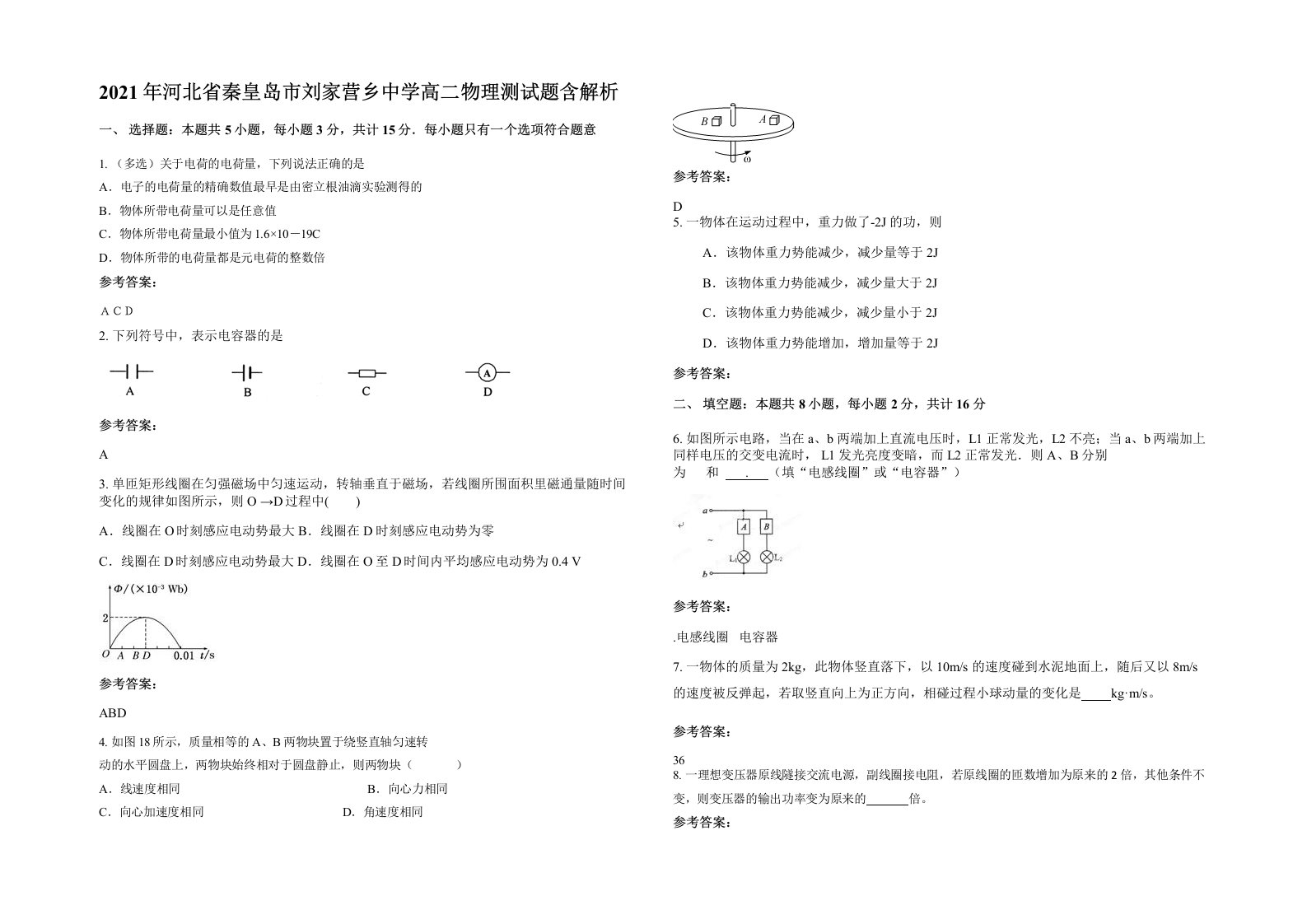 2021年河北省秦皇岛市刘家营乡中学高二物理测试题含解析