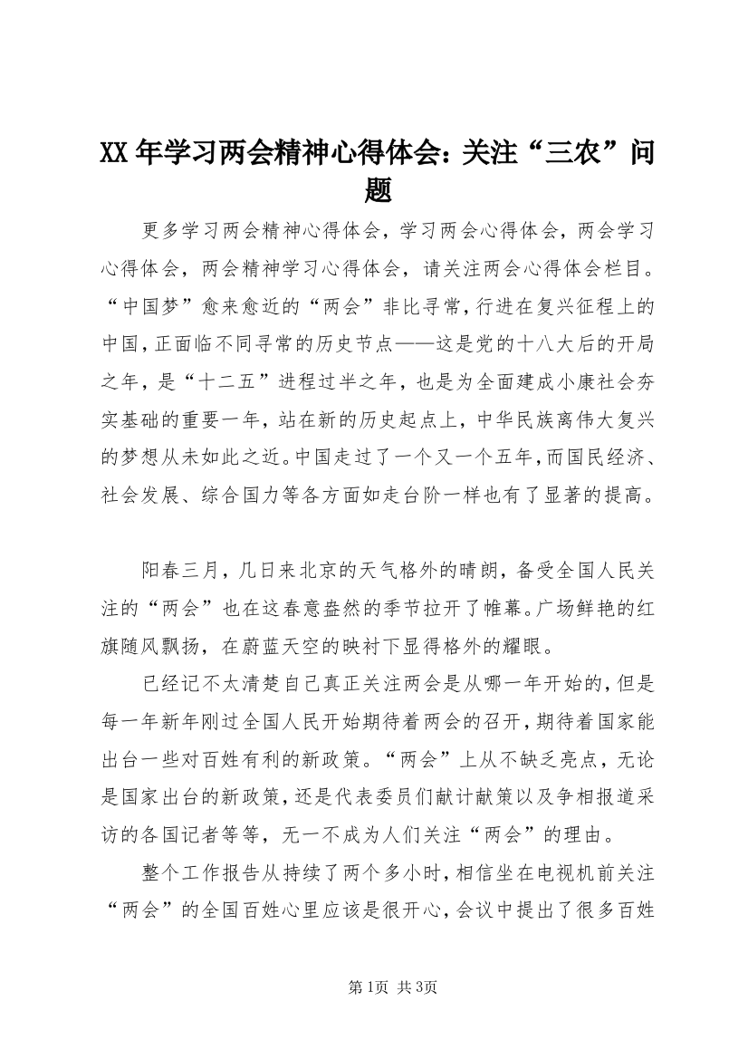 XX年学习两会精神心得体会：关注“三农”问题