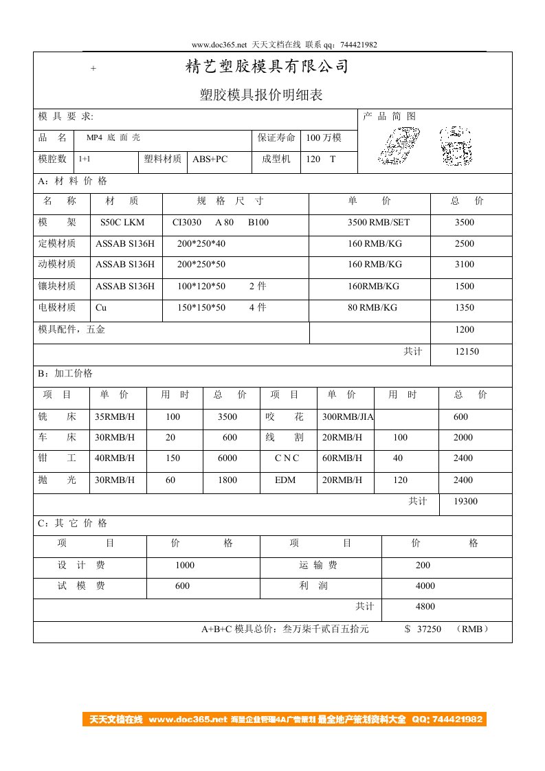 一份很详细的模具报价单