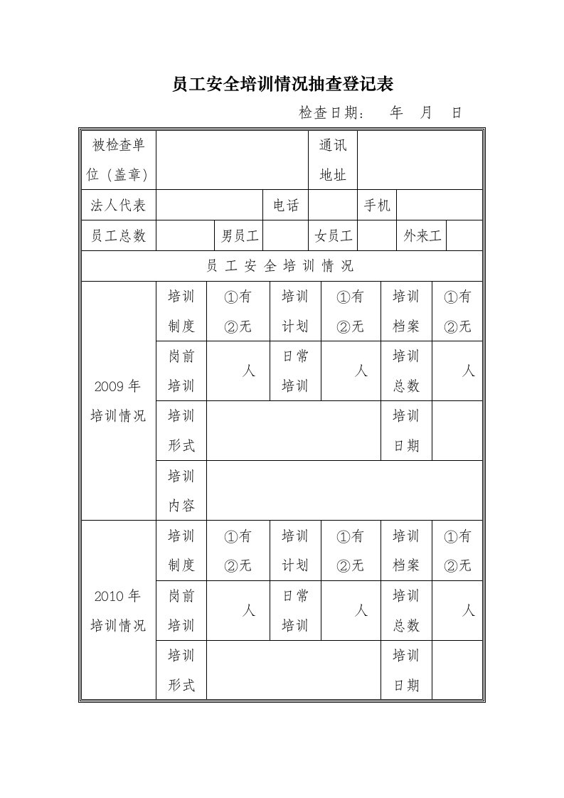 员工安全培训情况抽查登记表