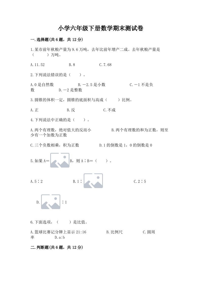 小学六年级下册数学期末测试卷附答案（培优b卷）