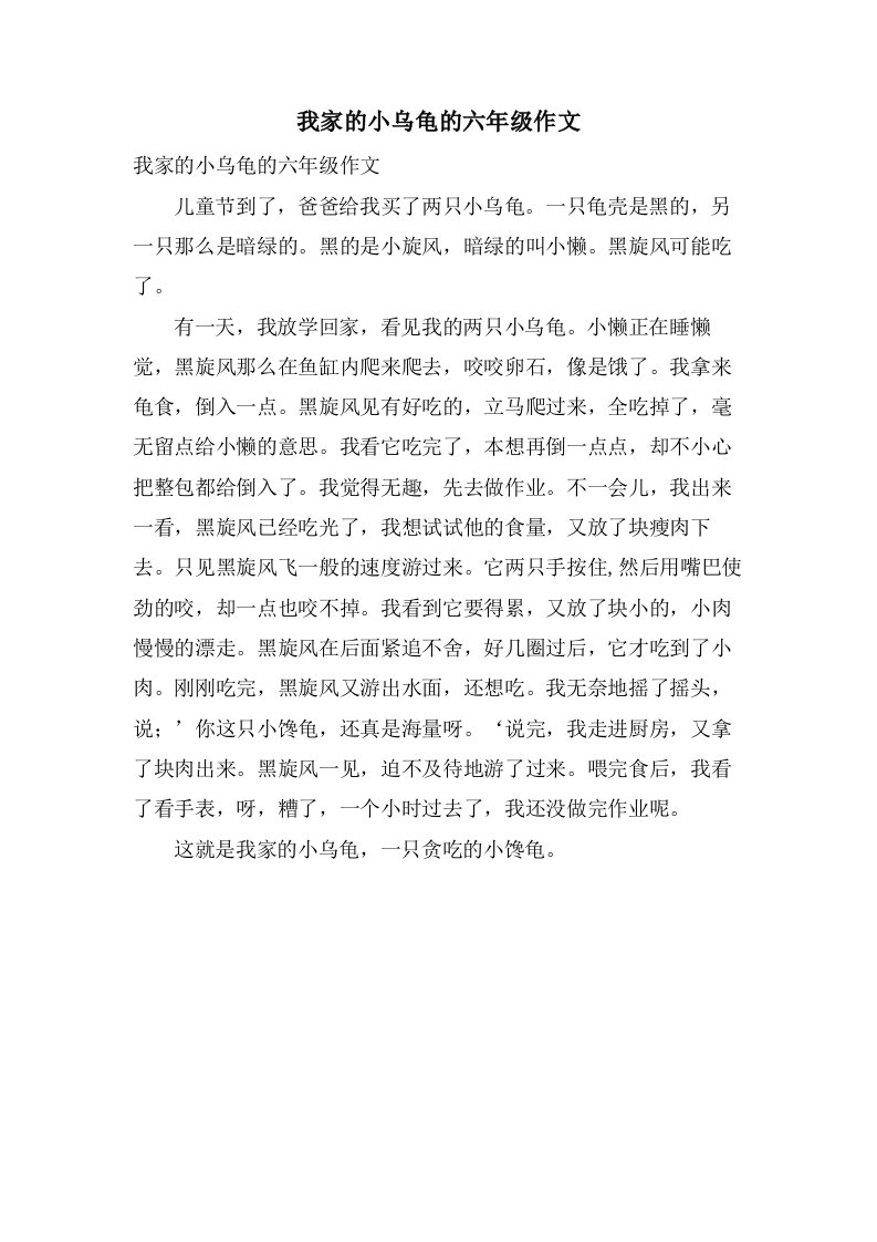 我家的小乌龟的六年级作文