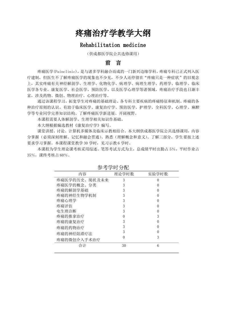 疼痛治疗学教学大纲