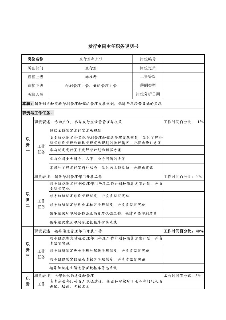 发行室副主任岗位职责说明手册