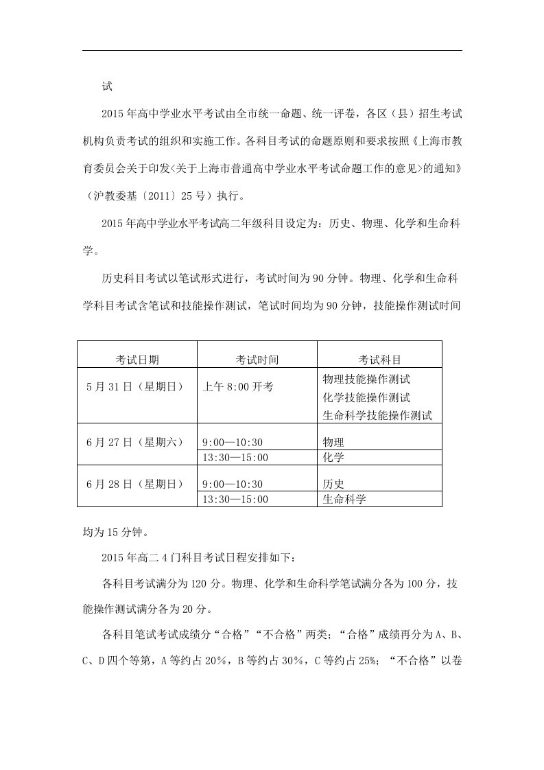 上海高二学业水平考试日程及规定