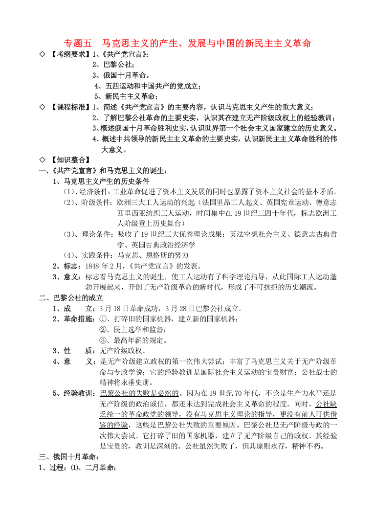 高中历史专题五马克思主义的产生知识点汇编新人教版必修1