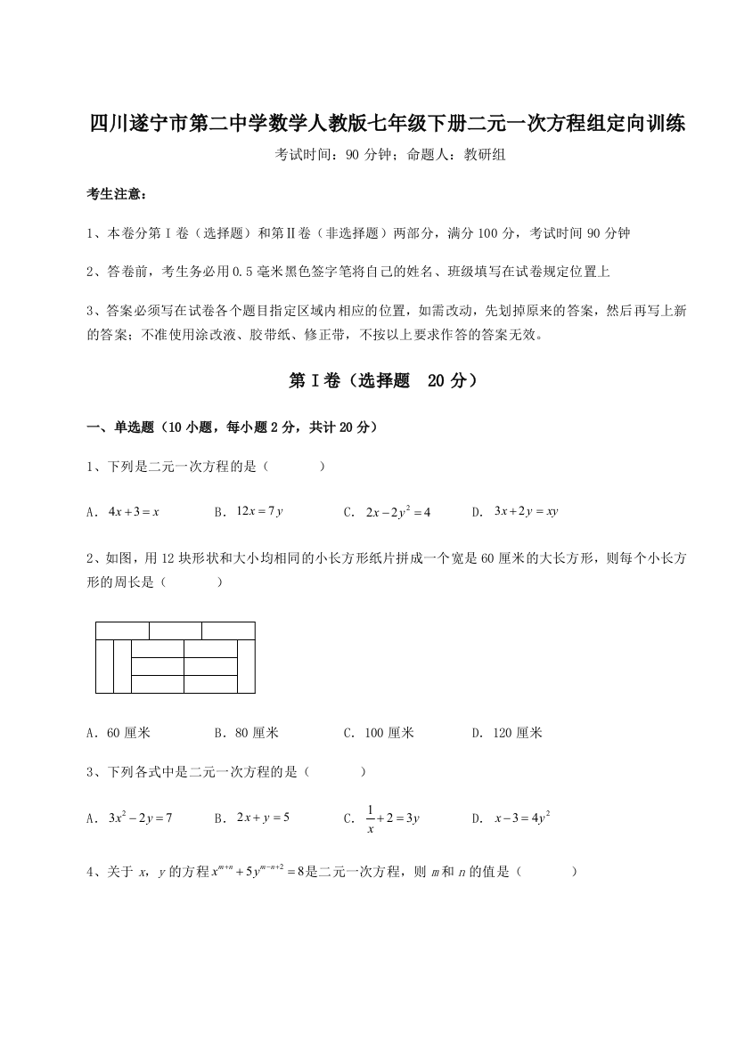 小卷练透四川遂宁市第二中学数学人教版七年级下册二元一次方程组定向训练试题（解析版）