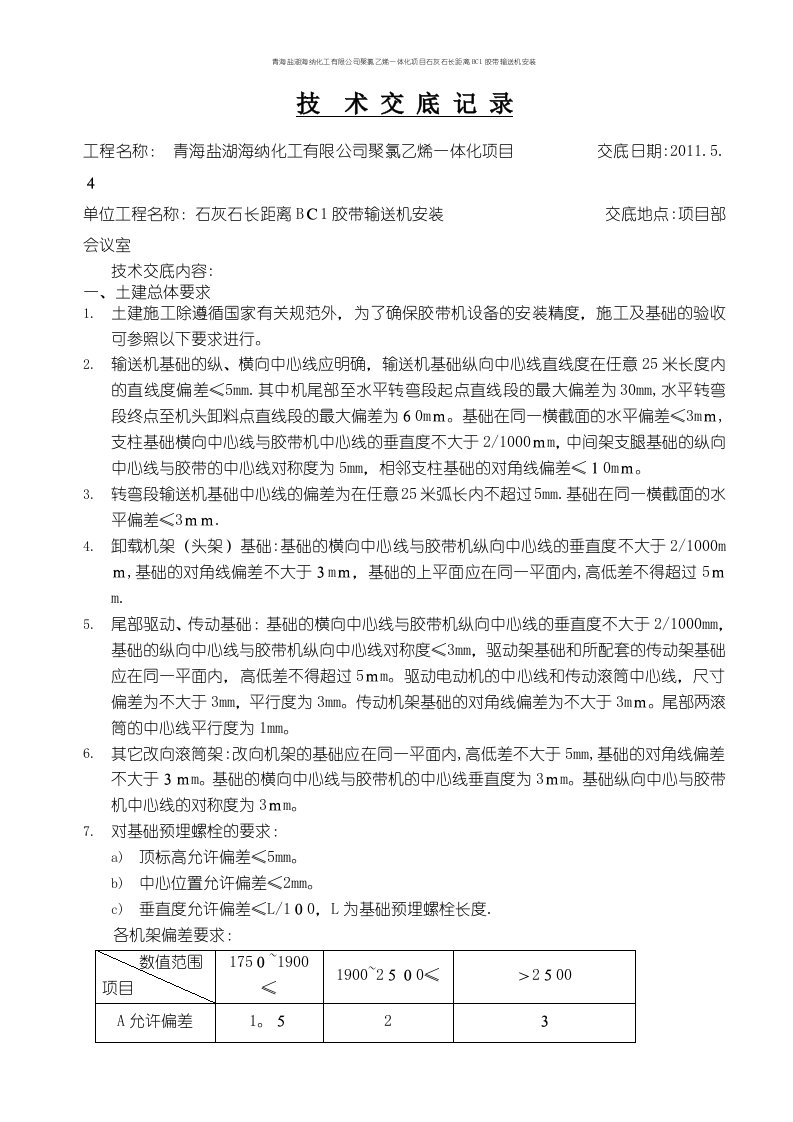 青海盐湖海纳化工有限公司聚氯乙烯一体化项目石灰石长距离BC1胶带输送机安装